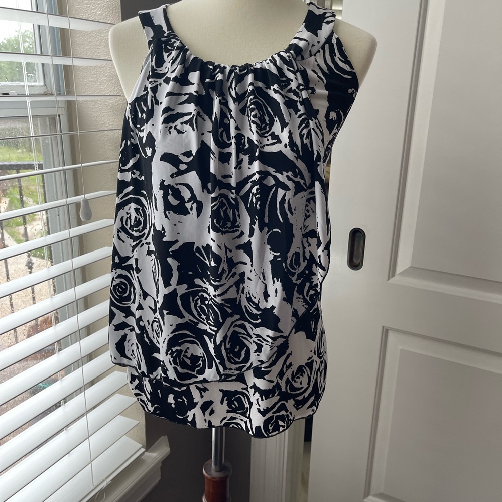 Carole Little top with shirred neckline, and flap designed to hide belly fat